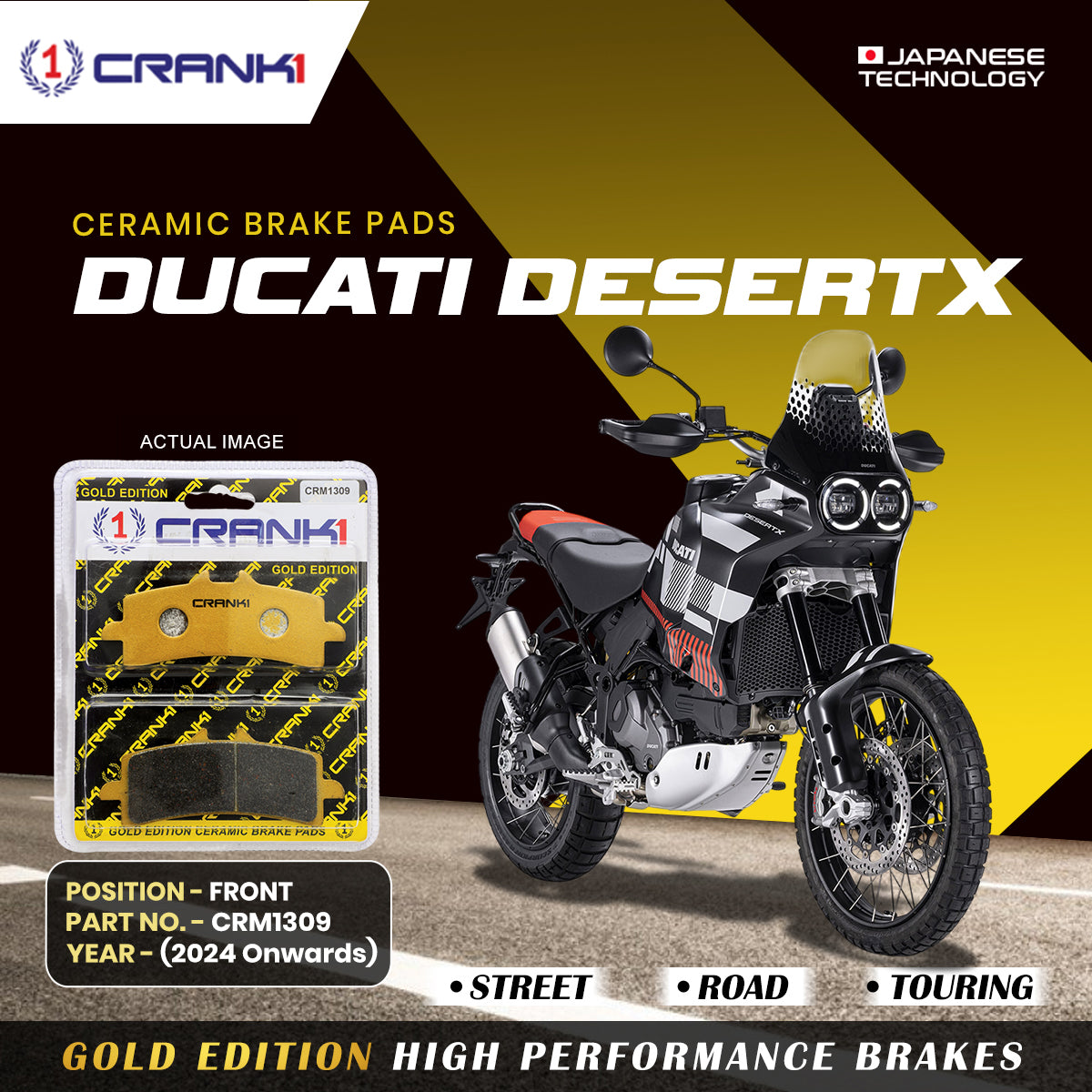 Ceramic Brake Pads For  Ducati DesertX	(2024 Onwards) - Front - CRM1309 - 1 Set | Smooth Braking | Heat Resistant | Long Life | Disc Friendly