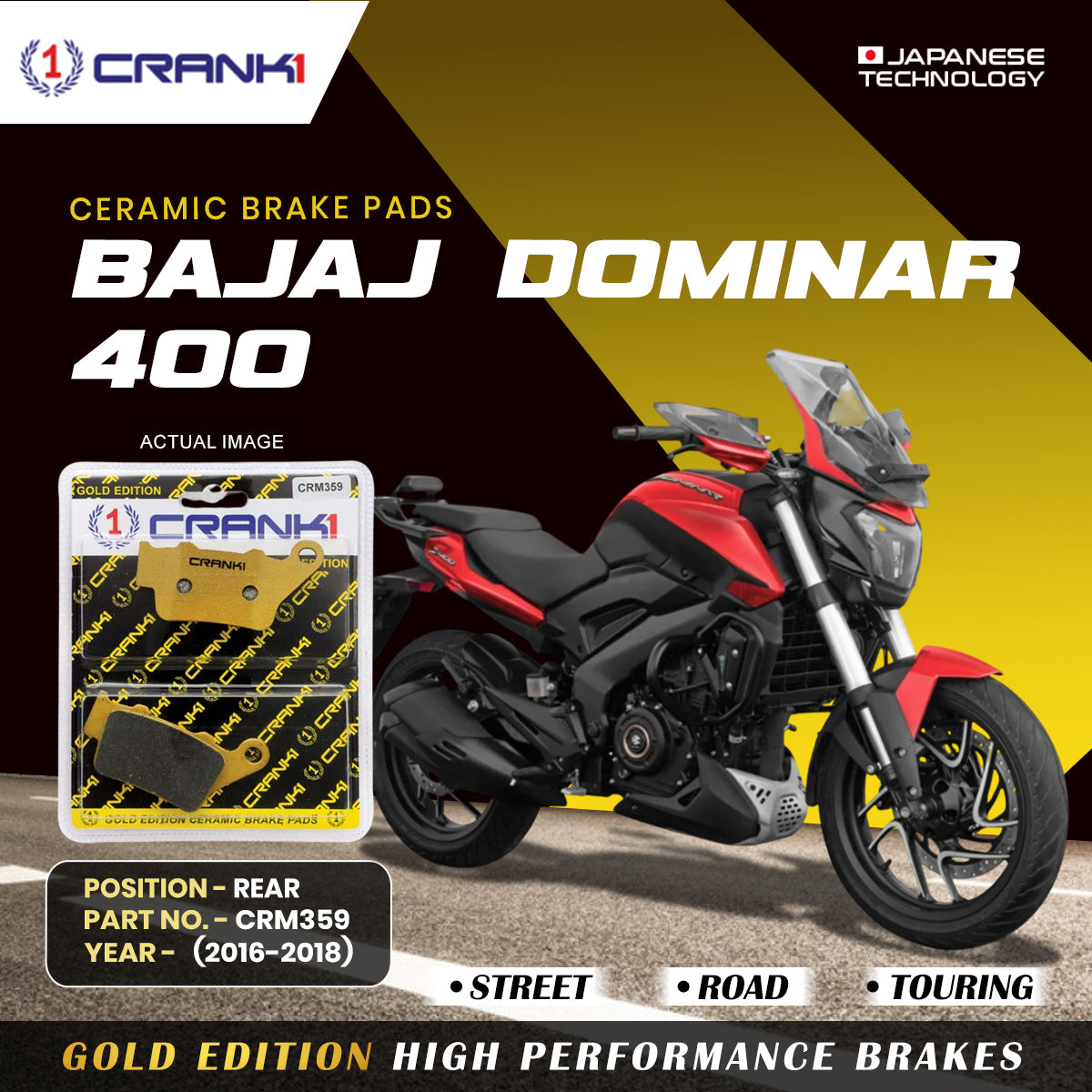 Ceramic Brake Pads For Bajaj Dominar 400 (2016-2018) - Rear - CRM359 - 1 Set | Smooth Braking | Heat Resistant | Long Life | Disc Friendly