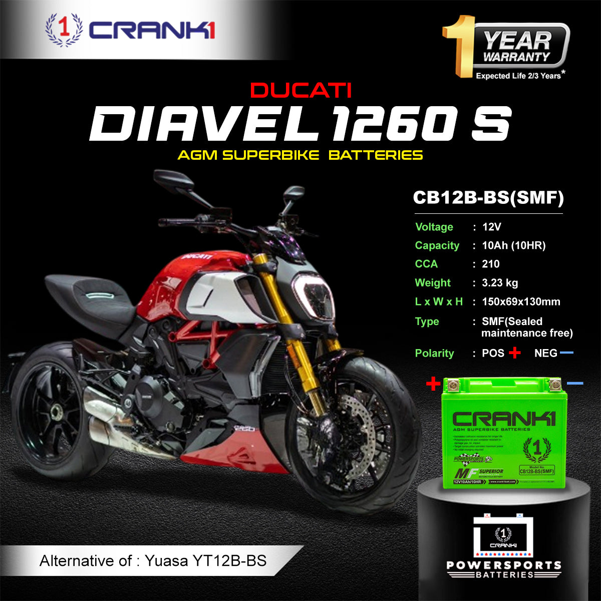 Battery For Ducati Diavel 1260 S (2016-2025) - CB12B-BS - Factory Activated