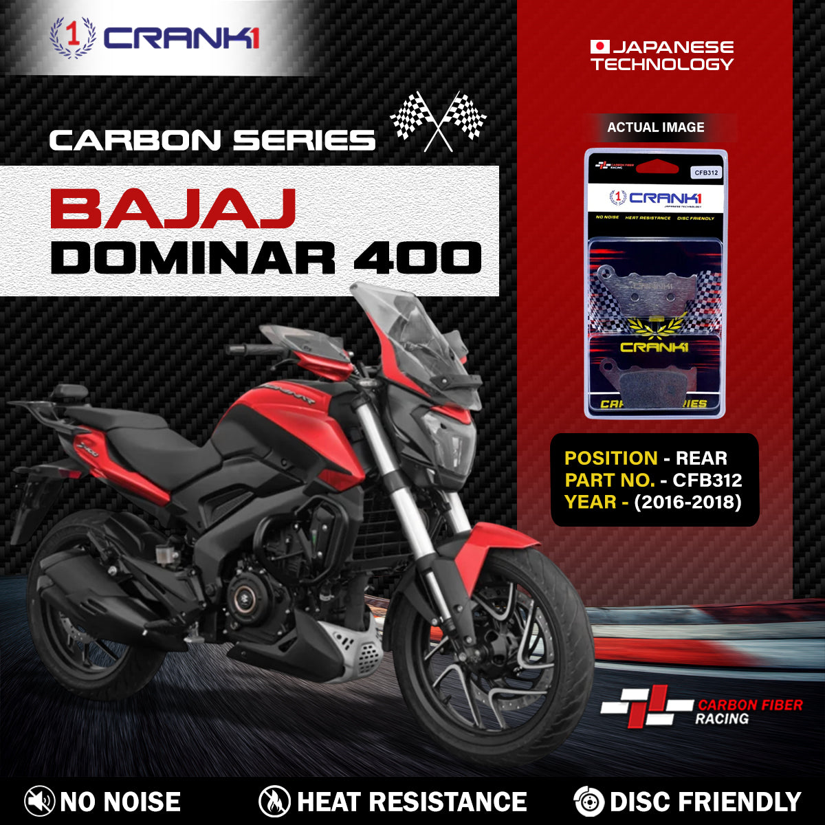 Carbon Brake Pads For Bajaj Dominar 400 (2016-2018) - Rear - CFB312