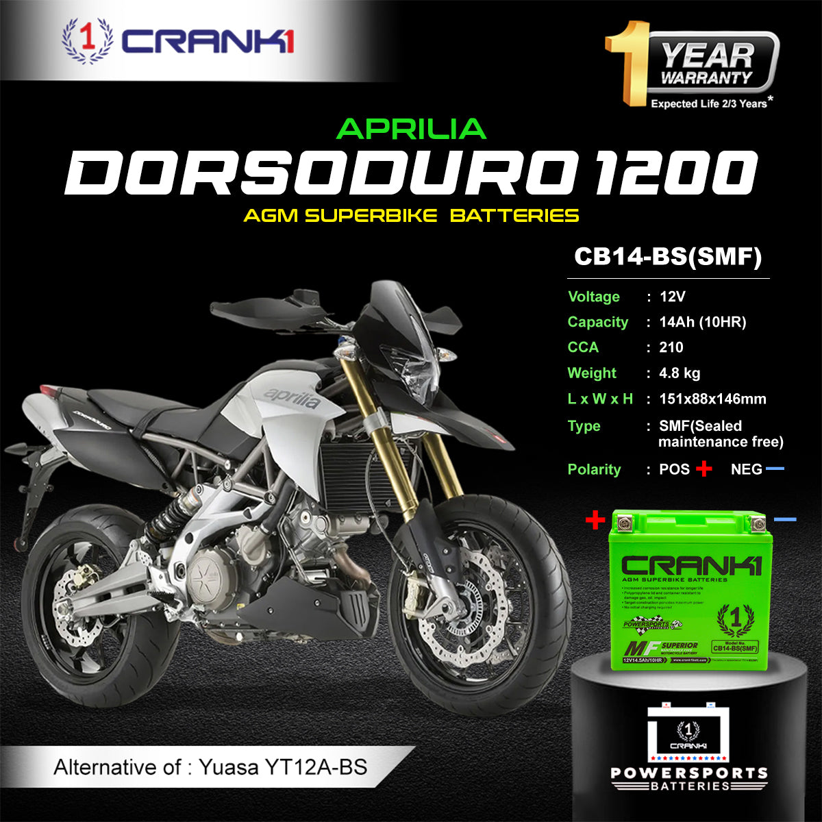 Battery For Aprilia Dorsoduro 1200 (2010-2017) - CB14-BS - Factory Activated