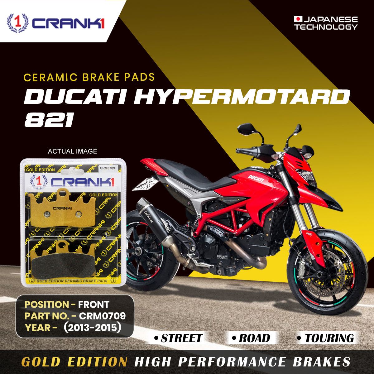 Ceramic Brake Pads For Ducati Hypermotard 821 (2013-2015) - Front - CRM0709 - 2 Sets | Smooth Braking | Heat Resistant | Long Life | Disc Friendly