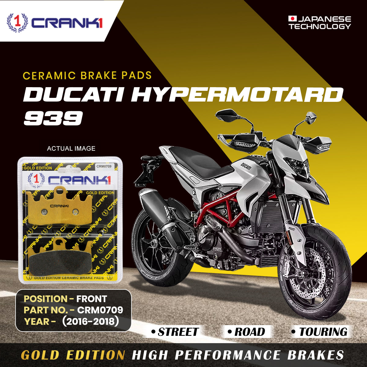 Ceramic Brake Pads For Ducati Hypermotard 939 (2016-2018) - Front - CRM0709 - 2 Sets | Smooth Braking | Heat Resistant | Long Life | Disc Friendly