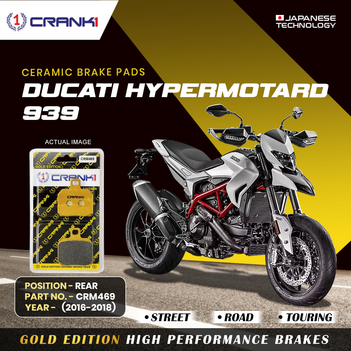 Ceramic Brake Pads For Ducati Hypermotard 939 (2016-2018) - Rear - CRM469 - 1 Set | Smooth Braking | Heat Resistant | Long Life | Disc Friendly