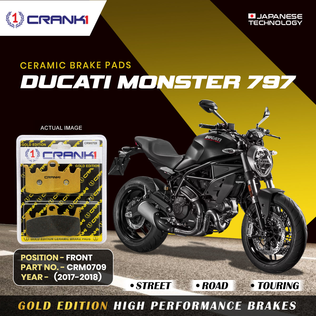 Ceramic Brake Pads For Ducati Monster 797 (2017-2018) - Front - CRM0709 - 2 Sets | Smooth Braking | Heat Resistant | Long Life | Disc Friendly