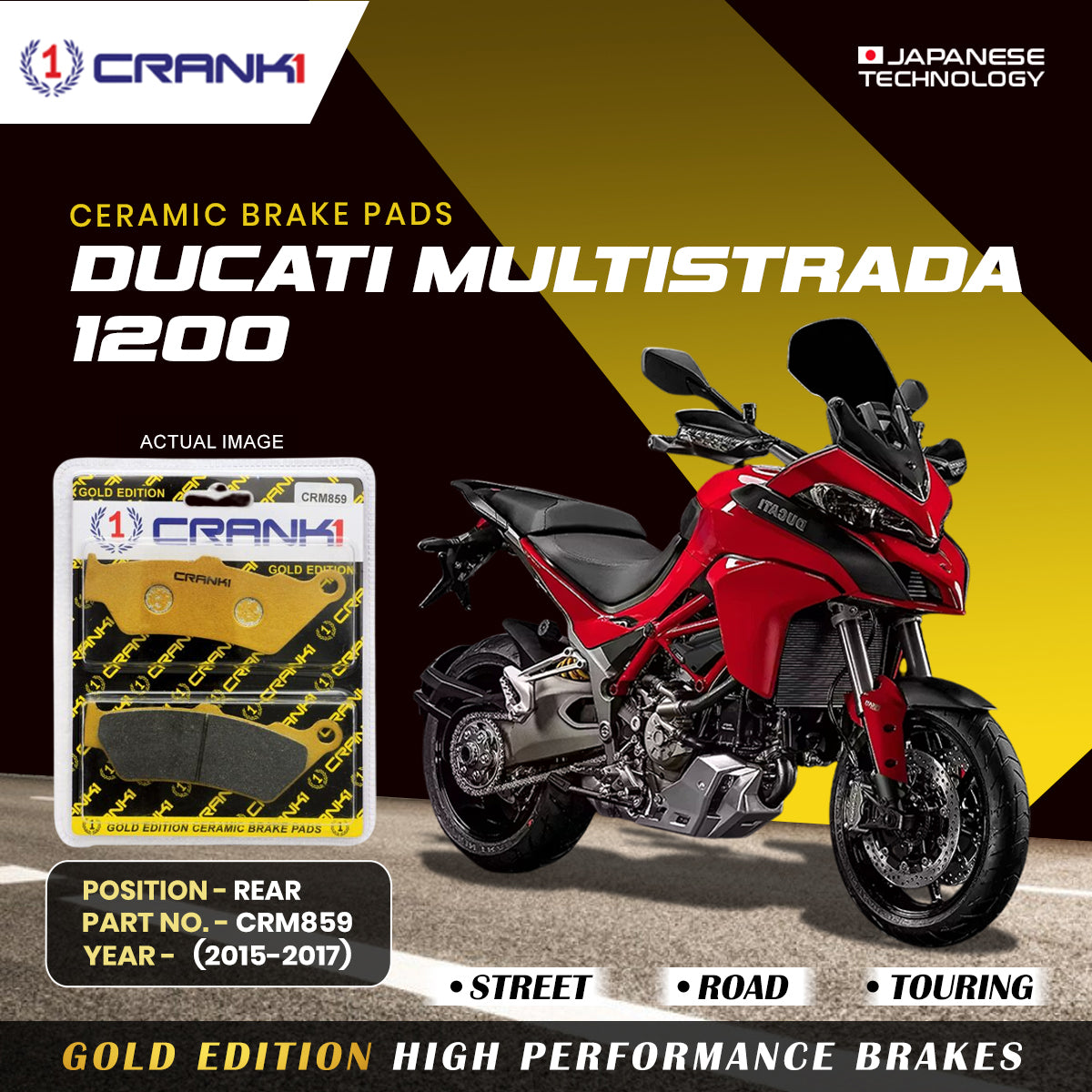 Ceramic Brake Pads For Ducati Multistrada 1200 (2015-2017) - Rear - CRM859 - 1 Set | Smooth Braking | Heat Resistant | Long Life | Disc Friendly
