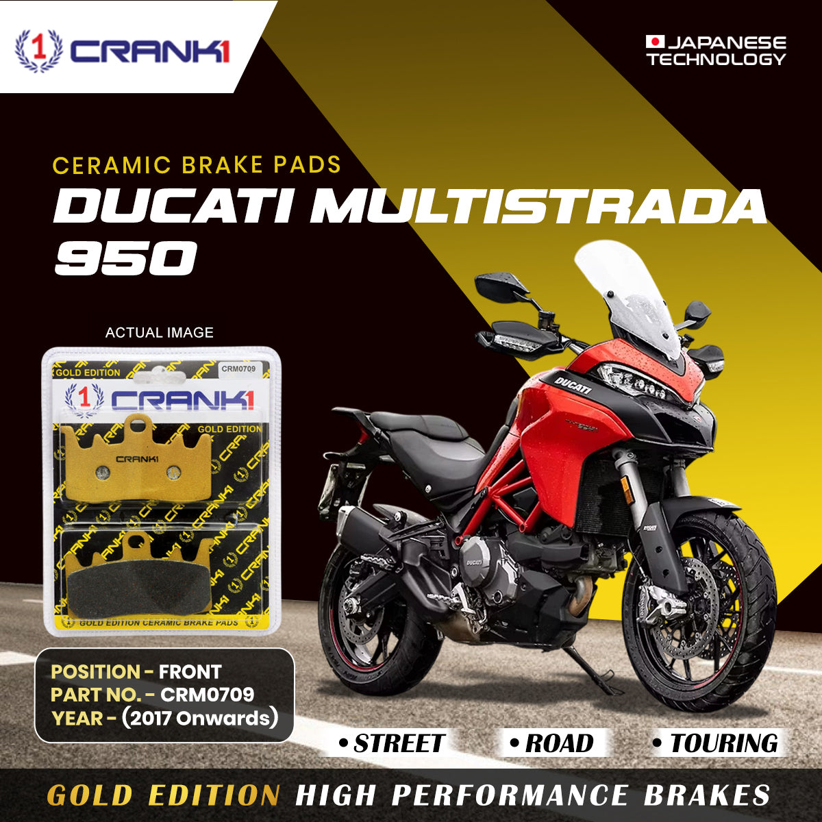 Ceramic Brake Pads For Ducati Multistrada 950 (2017 Onwards) - Front - CRM0709 - 2 Sets | Smooth Braking | Heat Resistant | Long Life | Disc Friendly