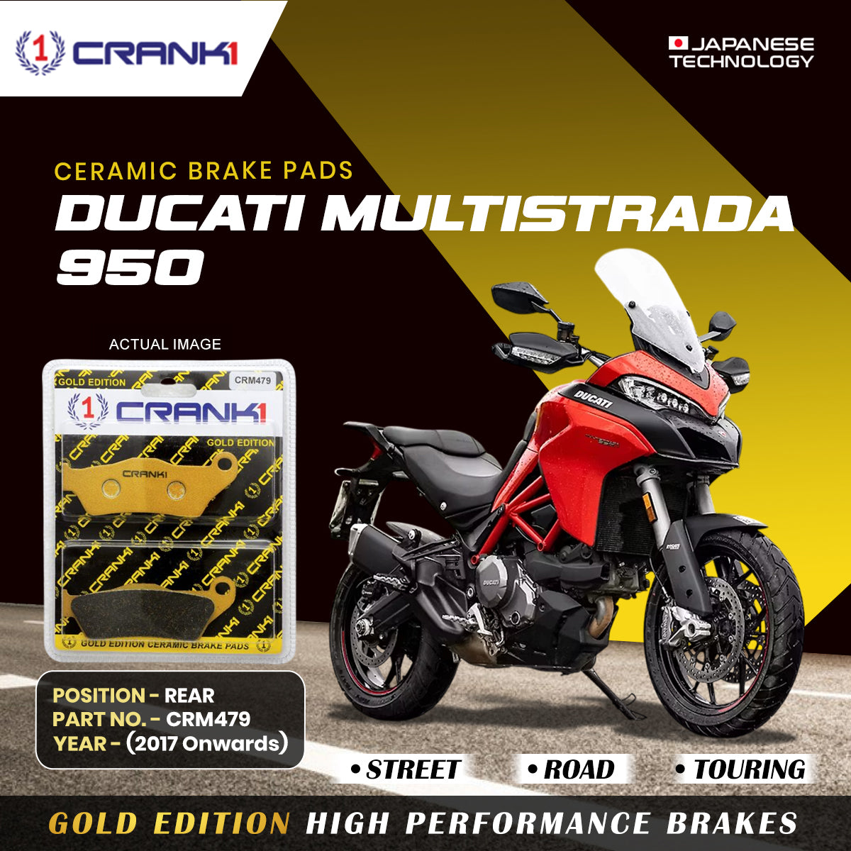 Ceramic Brake Pads For Ducati Multistrada 950 (2017 Onwards) - Rear - CRM479 - 1 Set | Smooth Braking | Heat Resistant | Long Life | Disc Friendly
