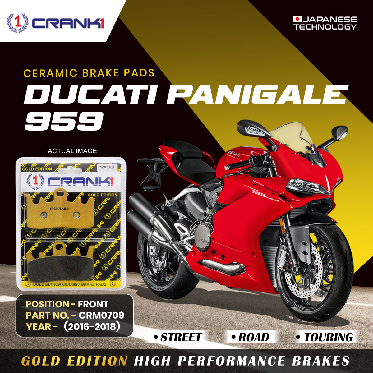 Ceramic Brake Pads For Ducati Panigale 959 (2016-2018) - Front - CRM0709 - 2 Sets | Smooth Braking | Heat Resistant | Long Life | Disc Friendly