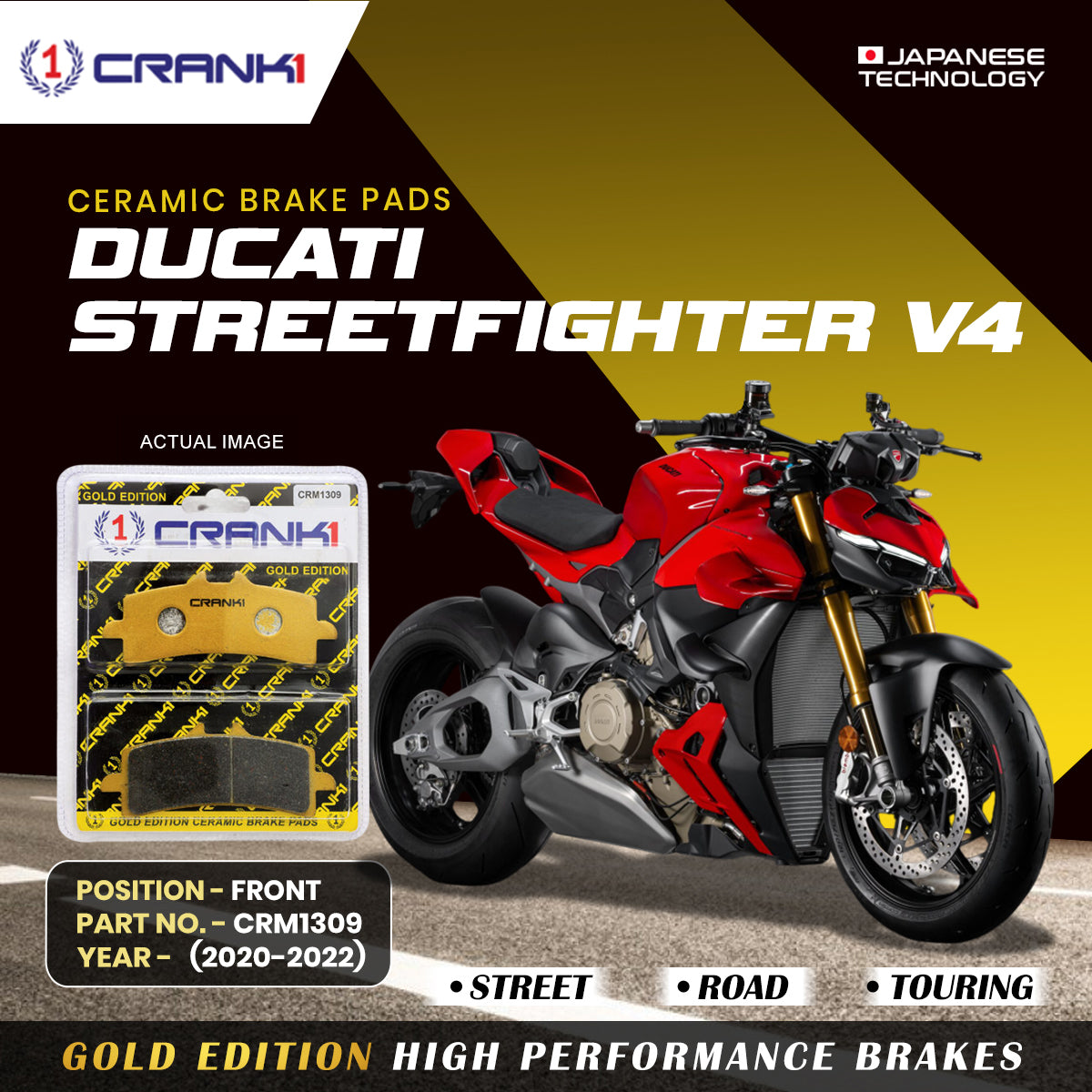 Ceramic Brake Pads For Ducati Streetfighter V4 (2020-2022) - Front - CRM1309 - 2 Sets | Smooth Braking | Heat Resistant | Long Life | Disc Friendly