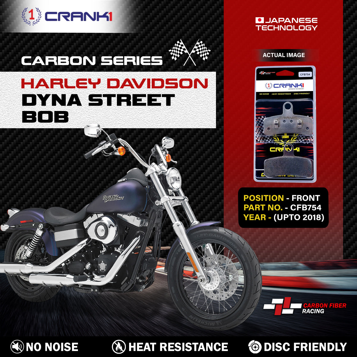 Carbon Brake Pads For Harley Davidson Dyna Street Bob (Upto 2018) - Front - CFB754 - 1 Set