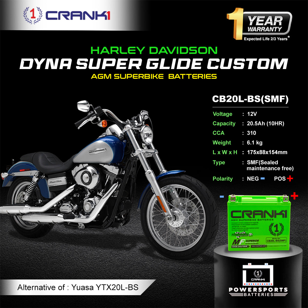 Battery For Harley Davidson Dyna Super Glide Custom - CB20L-BS - Factory Activated