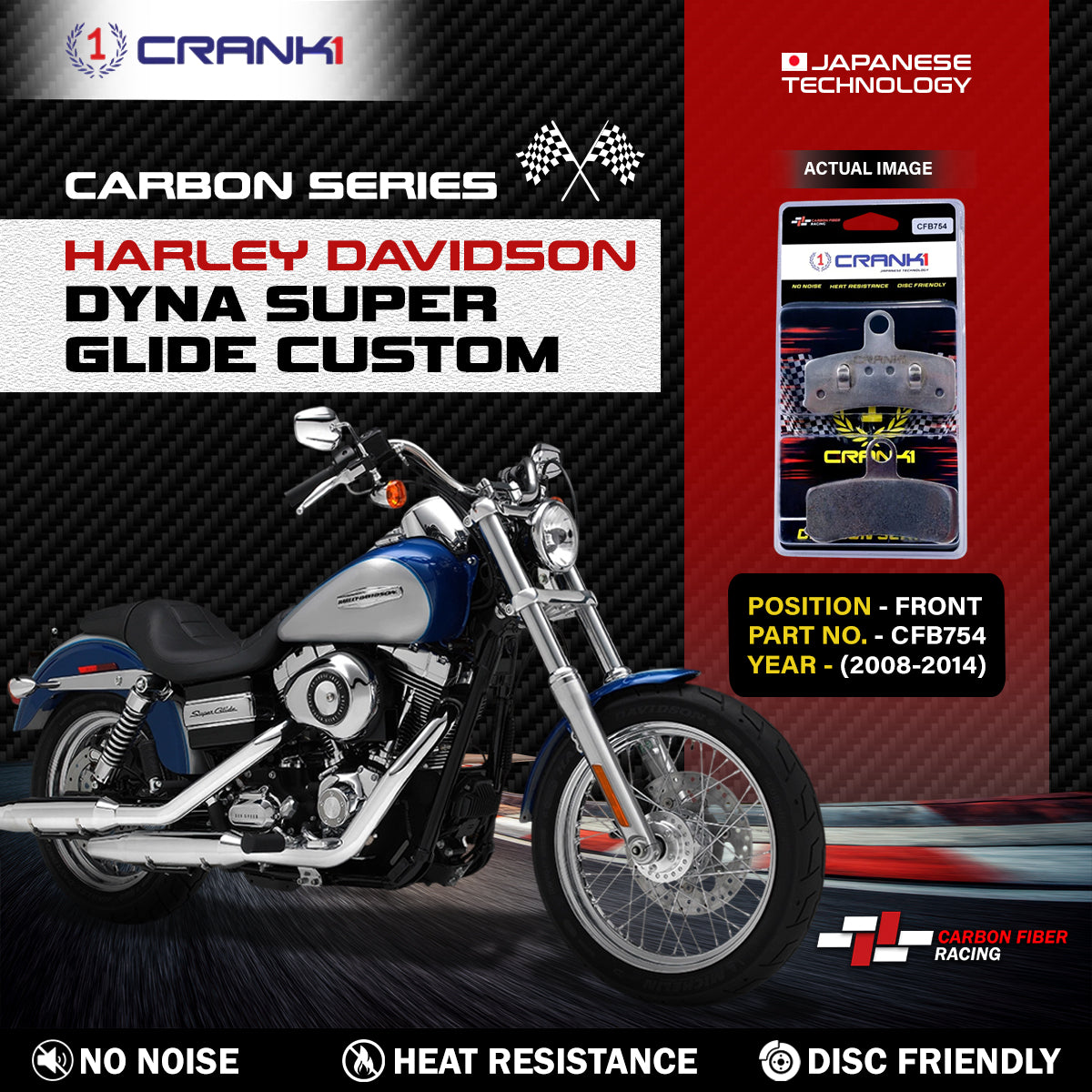 Carbon Brake Pads For Harley Davidson Dyna Super Glide Custom (2008-2014) - Front - CFB754