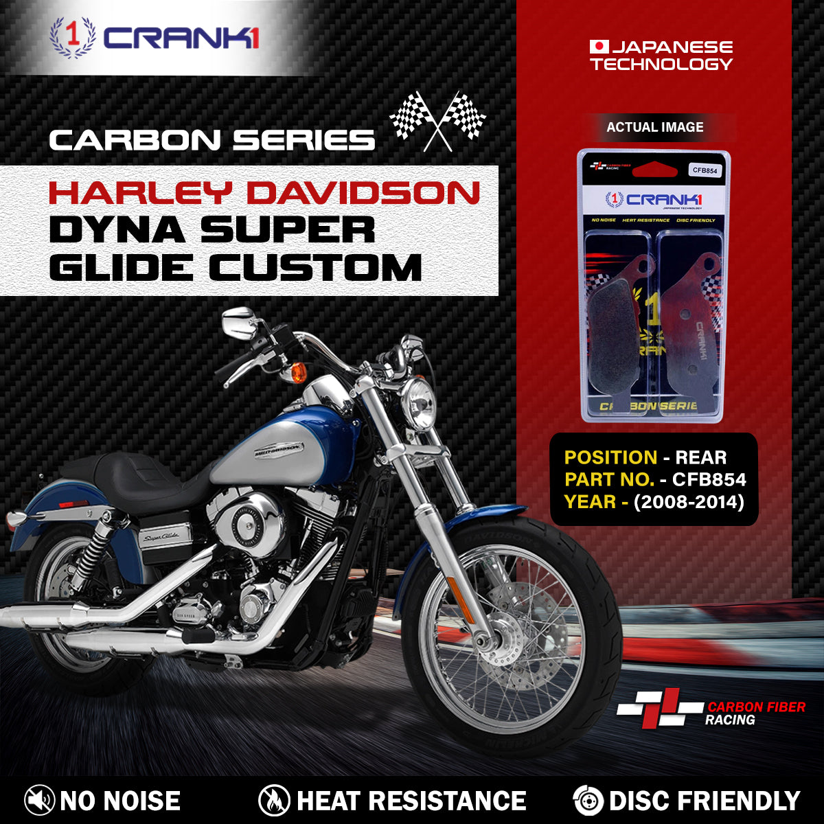 Carbon Brake Pads For Harley Davidson Dyna Super Glide Custom (2008-2014) - Rear - CFB854