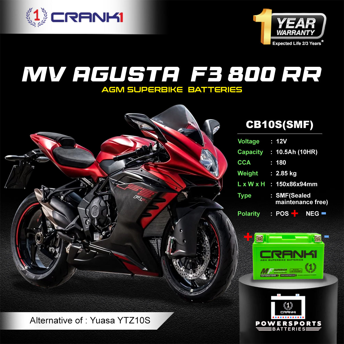 Battery For MV Agusta F3 800 RR (2009-2016) - CB10S - Factory Activated