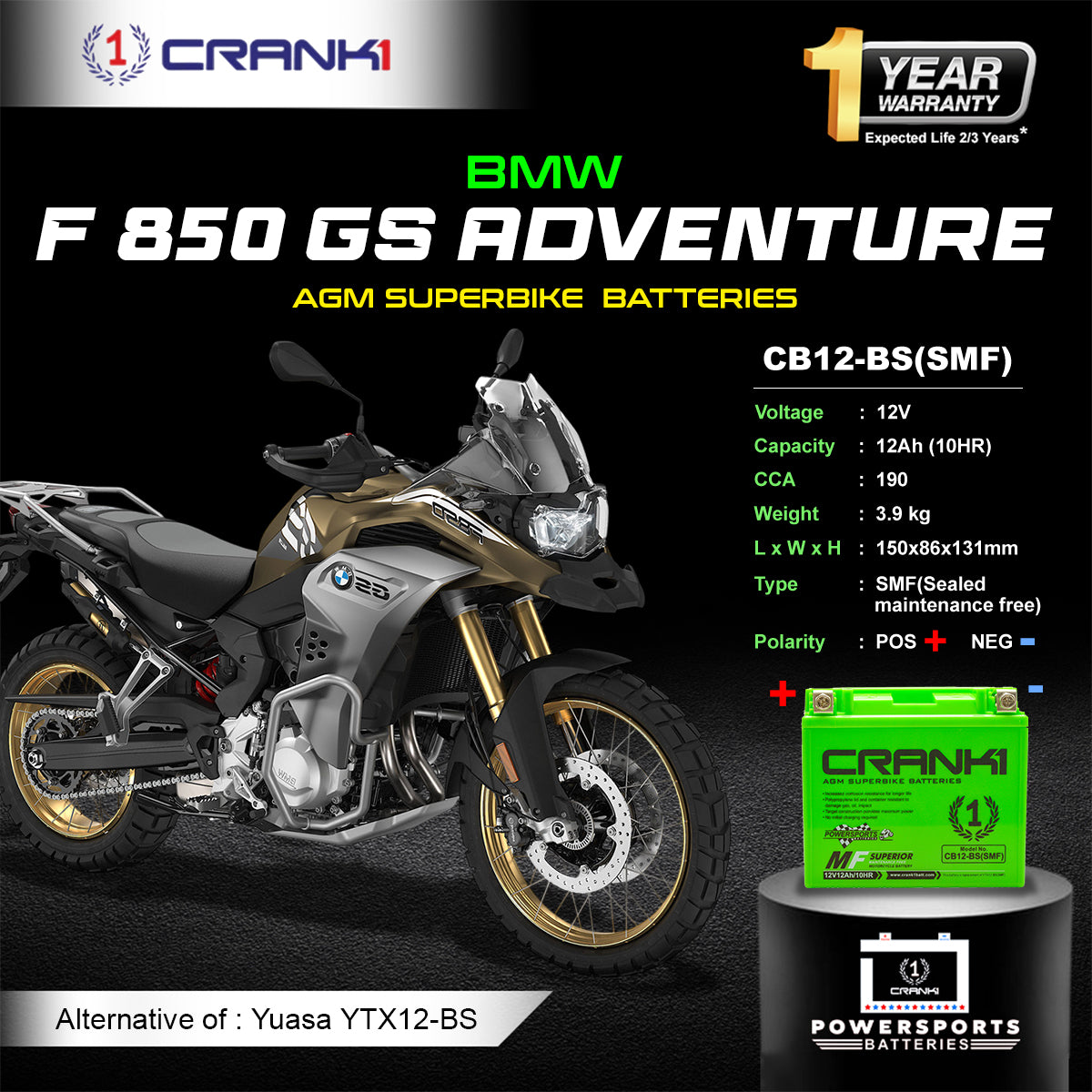 Battery For  BMW F 850 GS Adventure  (2019-2025) - CB12-BS - Factory Activated  | 1 Year Warranty | Zero Maintenance | OEM Fitment | High CCA