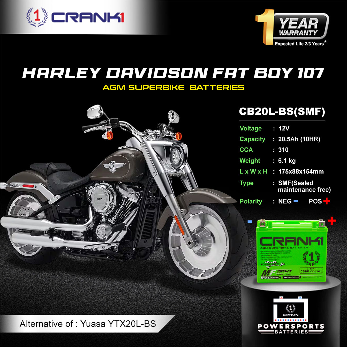 Battery For Harley Davidson Fat Boy 107 (2018 Onwards) - CB20L-BS - Factory Activated
