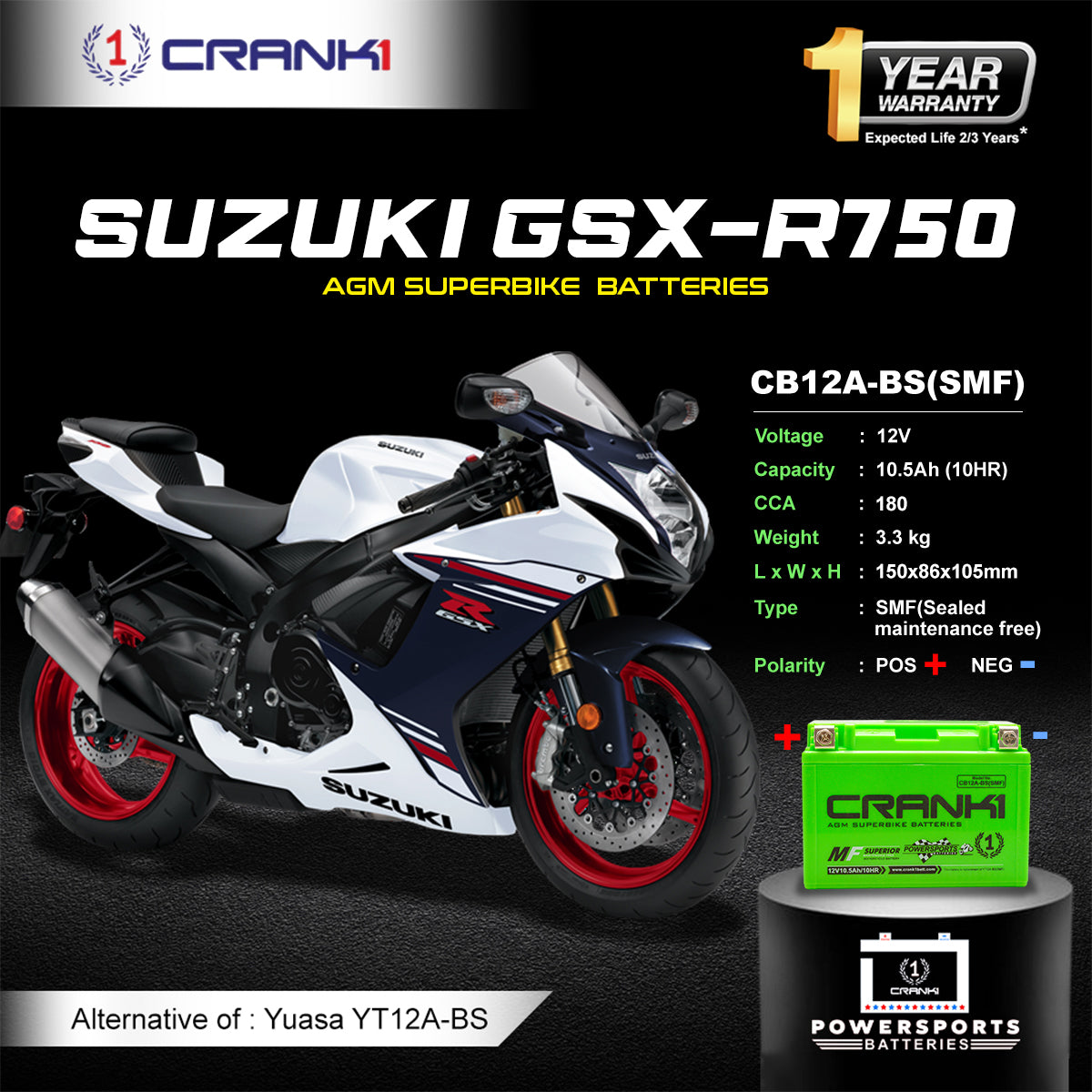 Battery For Suzuki GSX-R750 (2000-2023) - CB12A-BS - Factory Activated