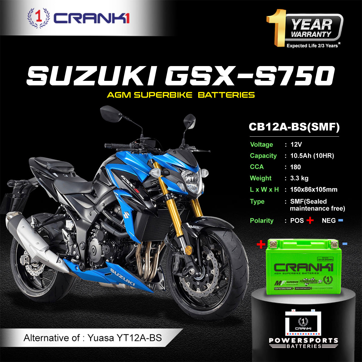 Battery For Suzuki GSX-S750 (2015-2019) - CB12A-BS - Factory Activated