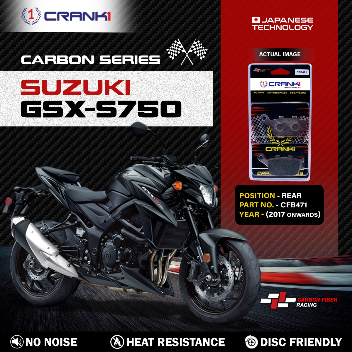 Carbon Brake Pads For Suzuki GSX-S750 (2017 Onwards) - Rear - CFB471