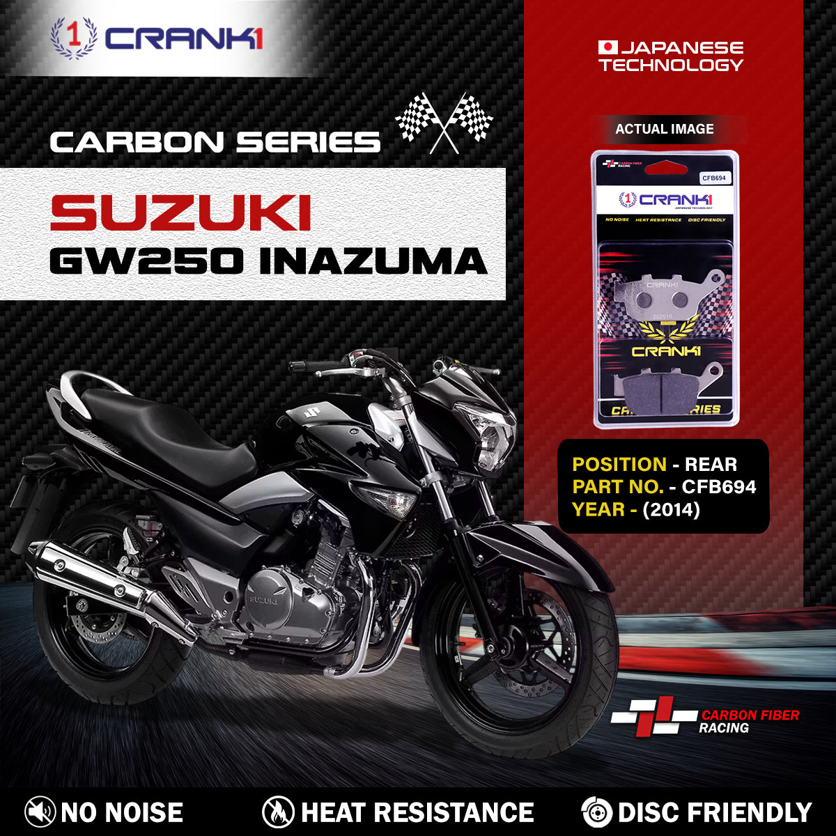 Carbon Brake Pads For Suzuki GW250 Inazuma (2014) - Rear - CFB694