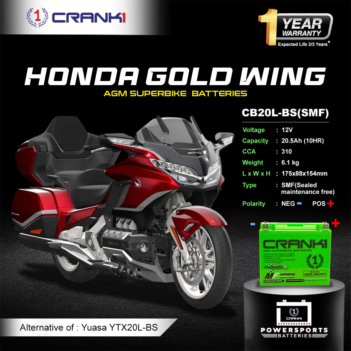 Battery For Honda Gold Wing (2001-2010) - CB20L-BS - Factory Activated