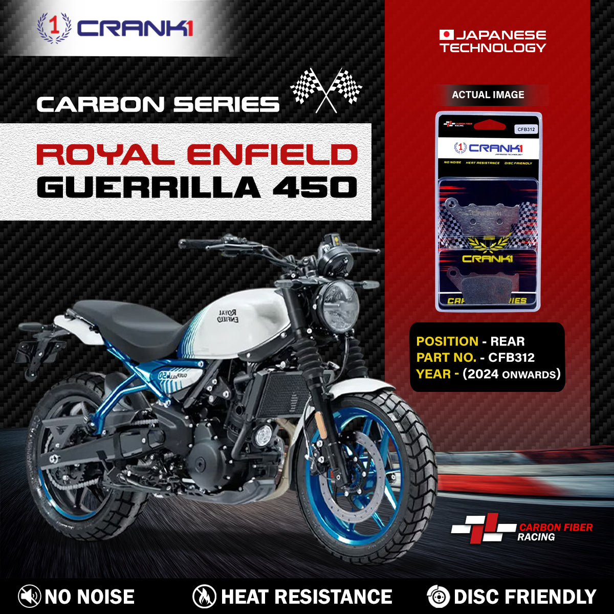 Carbon Brake Pads For Royal Enfield Guerrilla 450 (2024 Onwards) - Rear - CFB312