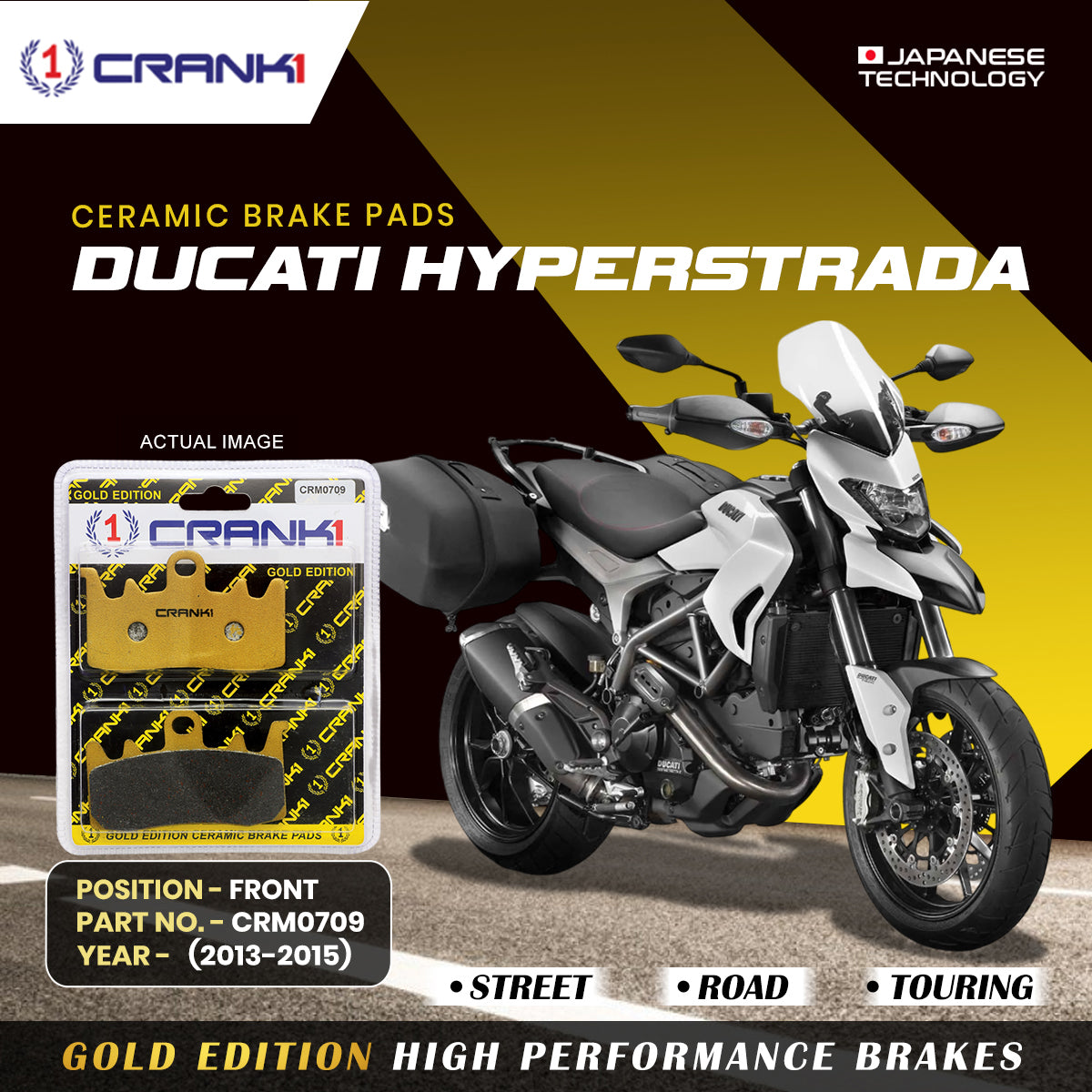 Ceramic Brake Pads For Ducati Hyperstrada (2013-2015) - Front - CRM0709 - 2 Sets | Smooth Braking | Heat Resistant | Long Life | Disc Friendly