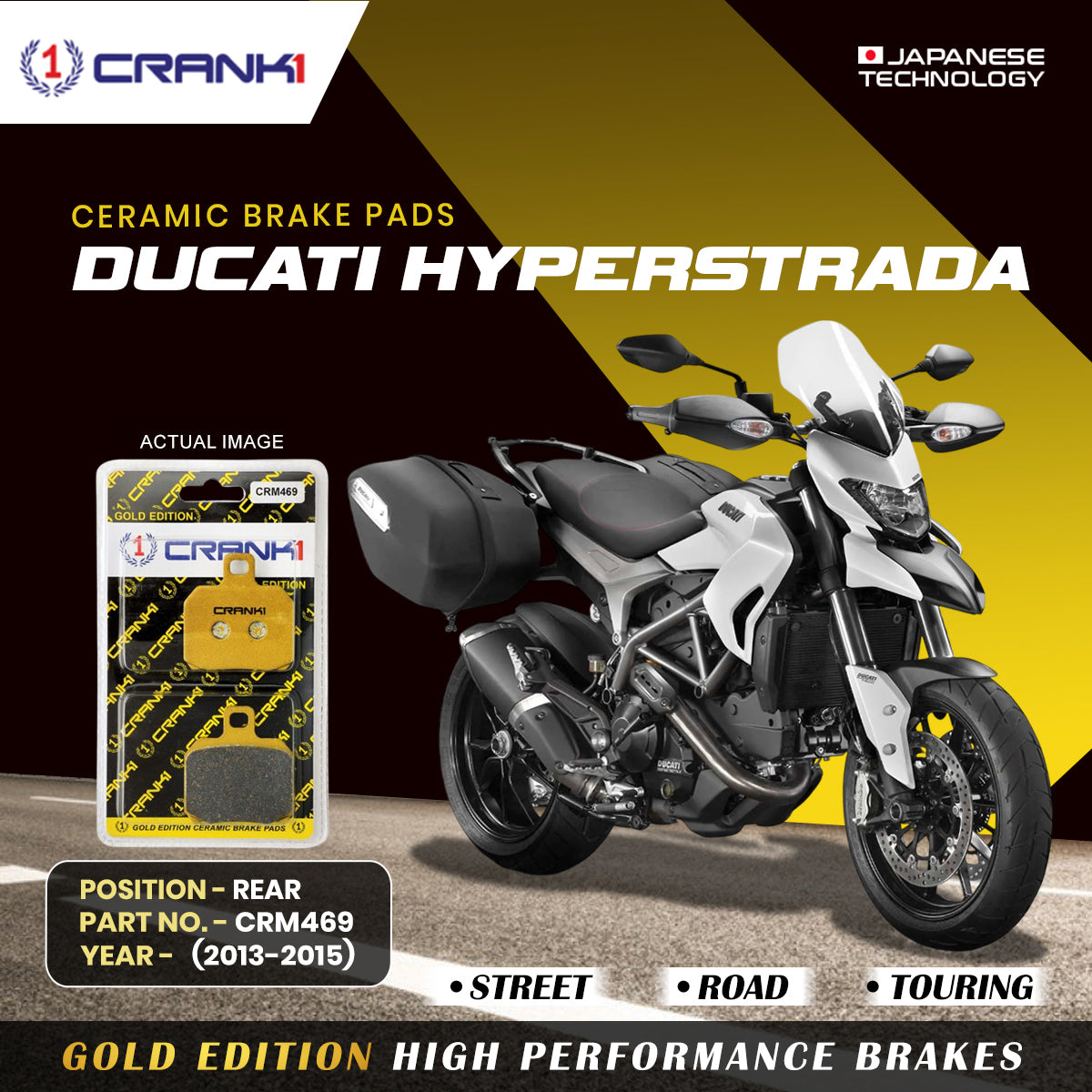 Ceramic Brake Pads For  Ducati Hyperstrada (2013-2015) - Rear - CRM469 - 1 Set | Smooth Braking | Heat Resistant | Long Life | Disc Friendly