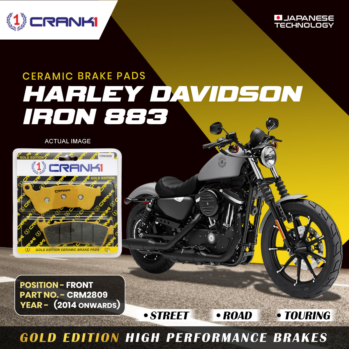 Ceramic Brake Pads For Harley Davidson Sportster Iron 883 (2014 Onwards) - Front - CRM2809