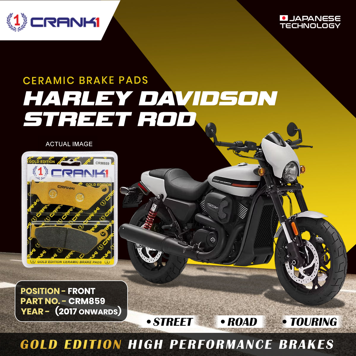 Ceramic Brake Pads For Harley Davidson Street Rod (2017 Onwards) - Front - CRM859 - 2 Sets