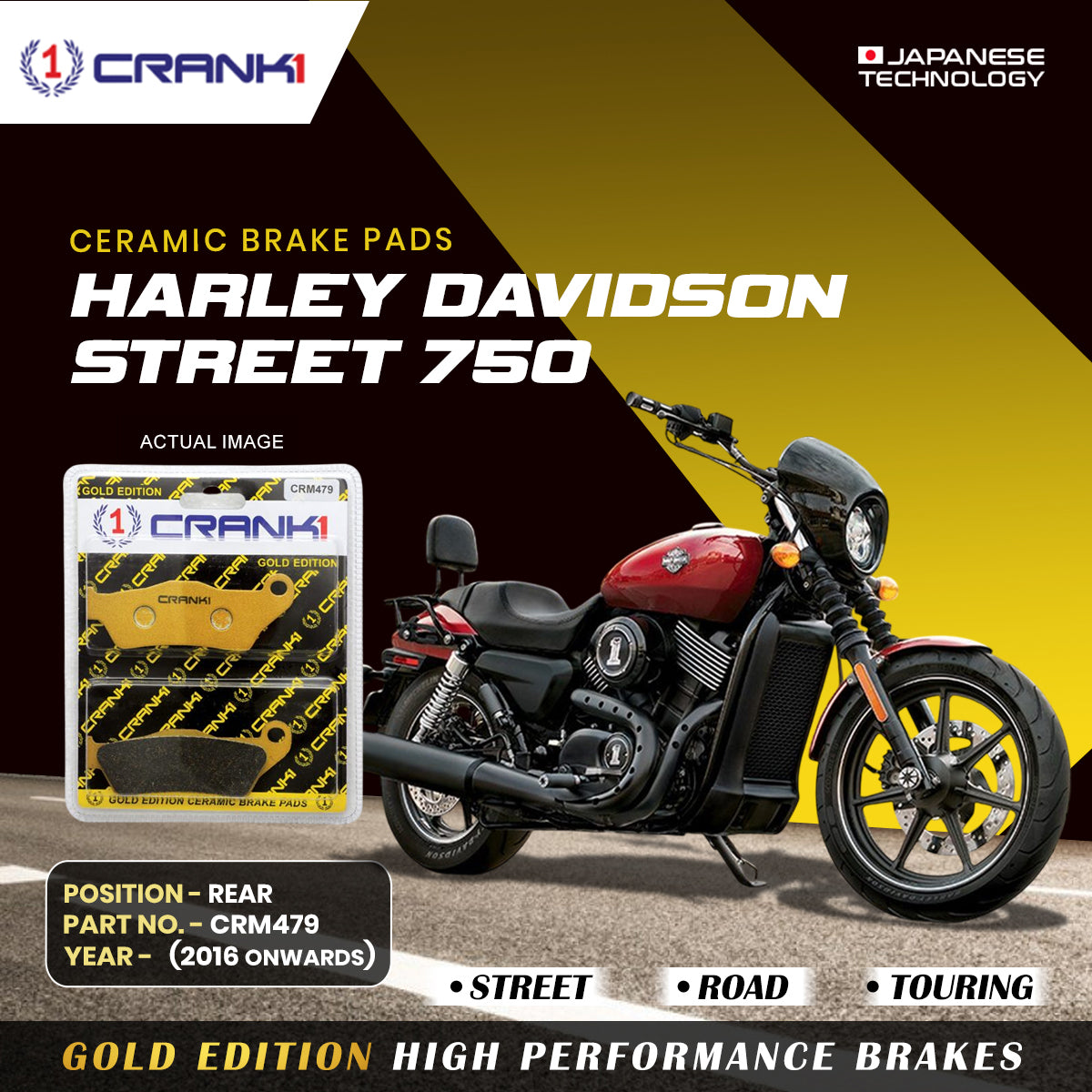 Ceramic Brake Pads For Harley Davidson Street 750 (2016 Onwards) - Rear - CRM479