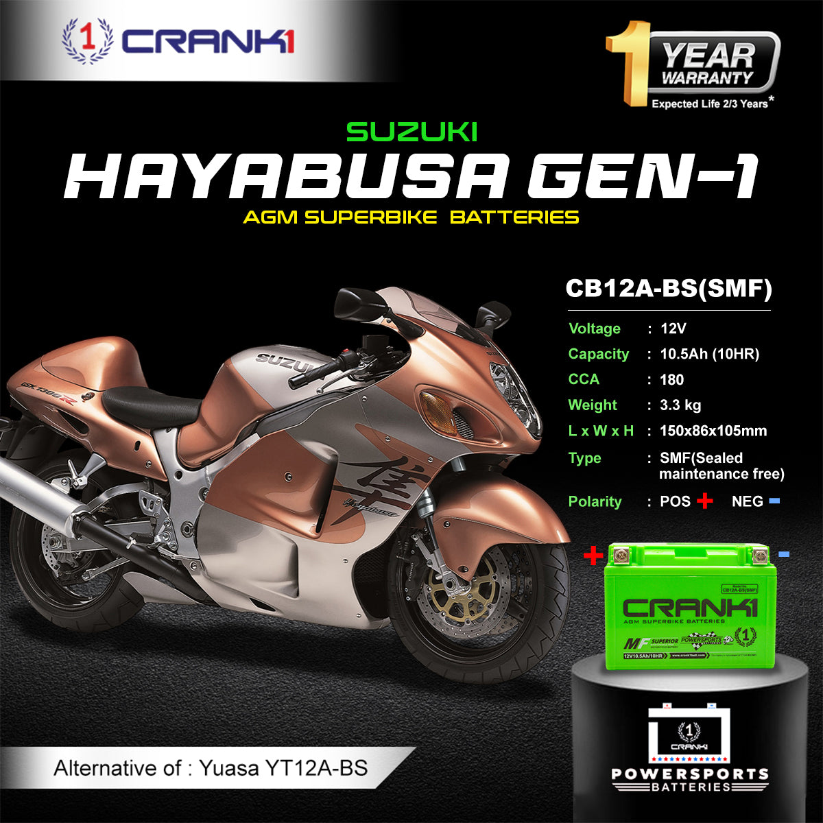 Battery For Suzuki Hayabusa GEN-1 (1999-2007) - CB12A-BS - Factory Activated