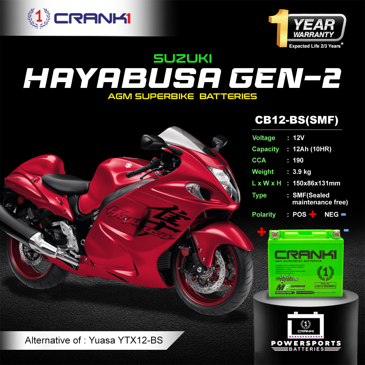 Battery For Suzuki Hayabusa GEN-2 (2008-2020) - CB12-BS - Factory Activated