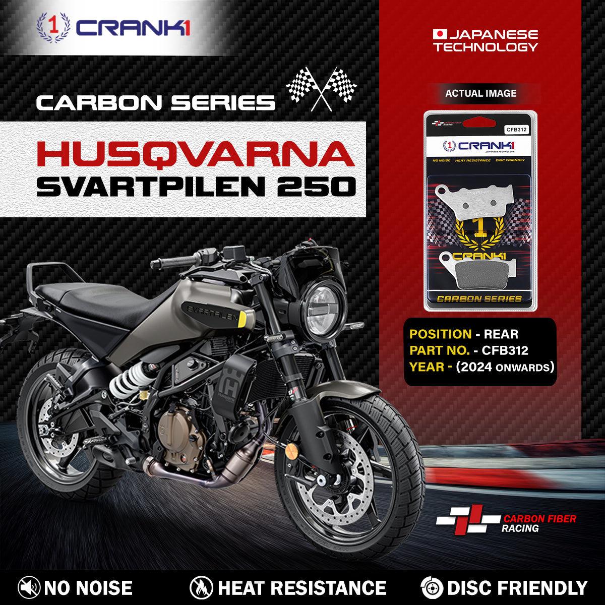 Carbon Brake Pads For Husqvarna Svartpilen 250	(2024 Onwards) - Rear - CFB312 - 1 Set