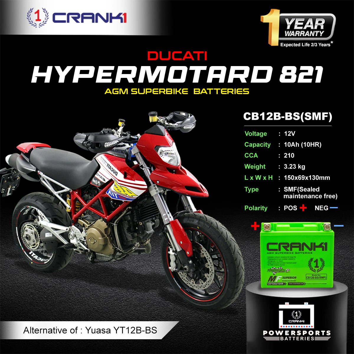 Battery For Ducati Hypermotard 821 (2007-2025) - CB12B-BS - Factory Activated