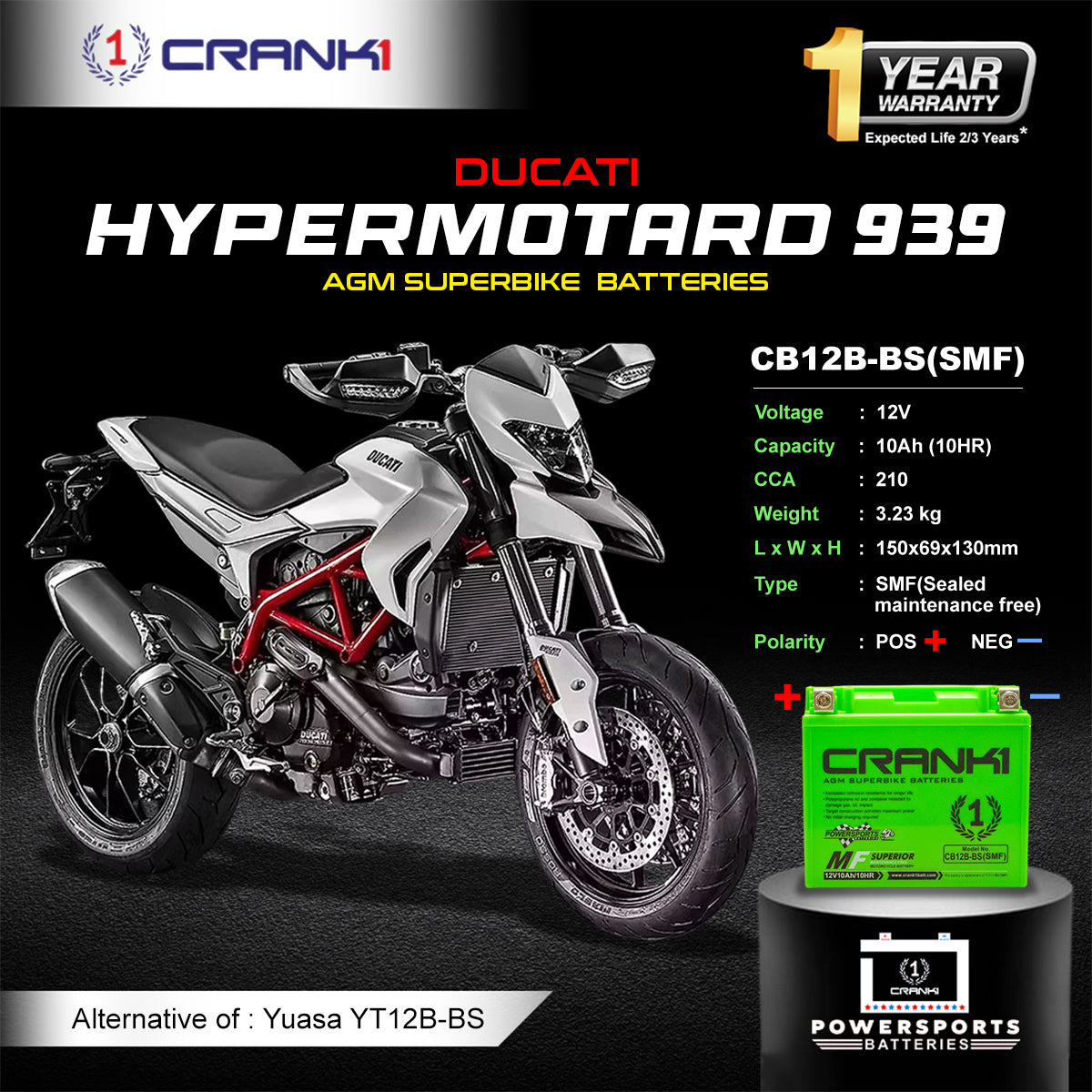 Battery For Ducati Hypermotard 939 (2007-2025) - CB12B-BS - Factory Activated