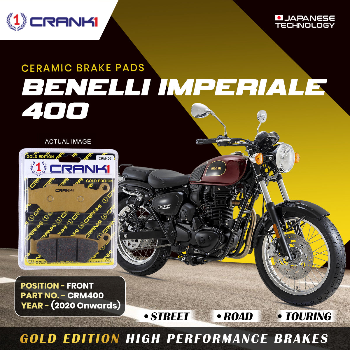 Ceramic Brake Pads For Benelli Imperiale 400 (2020 Onwards) - Front - CRM400 - 1 Set | Smooth Braking | Heat Resistant | Long Life | Disc Friendly