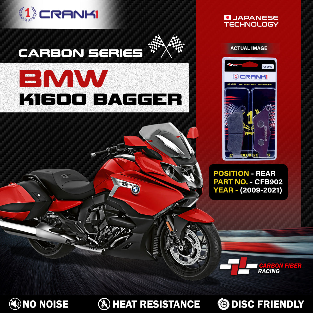 Carbon Brake Pads For BMW K 1600 Bagger (2009-2021) - Rear - CFB902