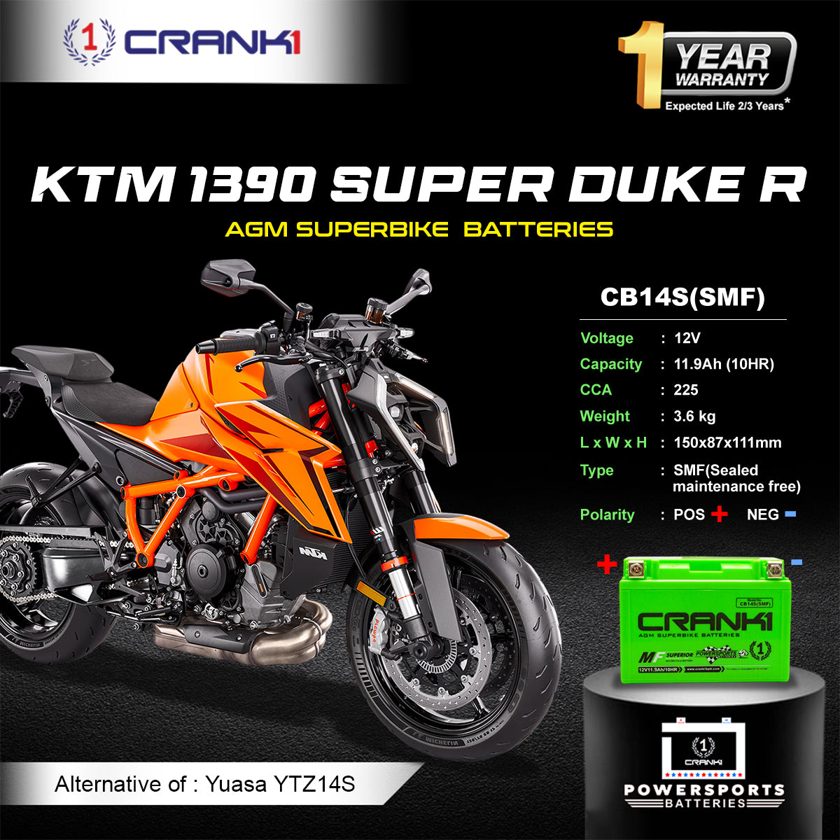 Battery For KTM 1390 Super Duke R (2024 Onwards) - CB14S - Factory Activated  | 1 Year Warranty | Zero Maintenance | OEM Fitment | High CCA
