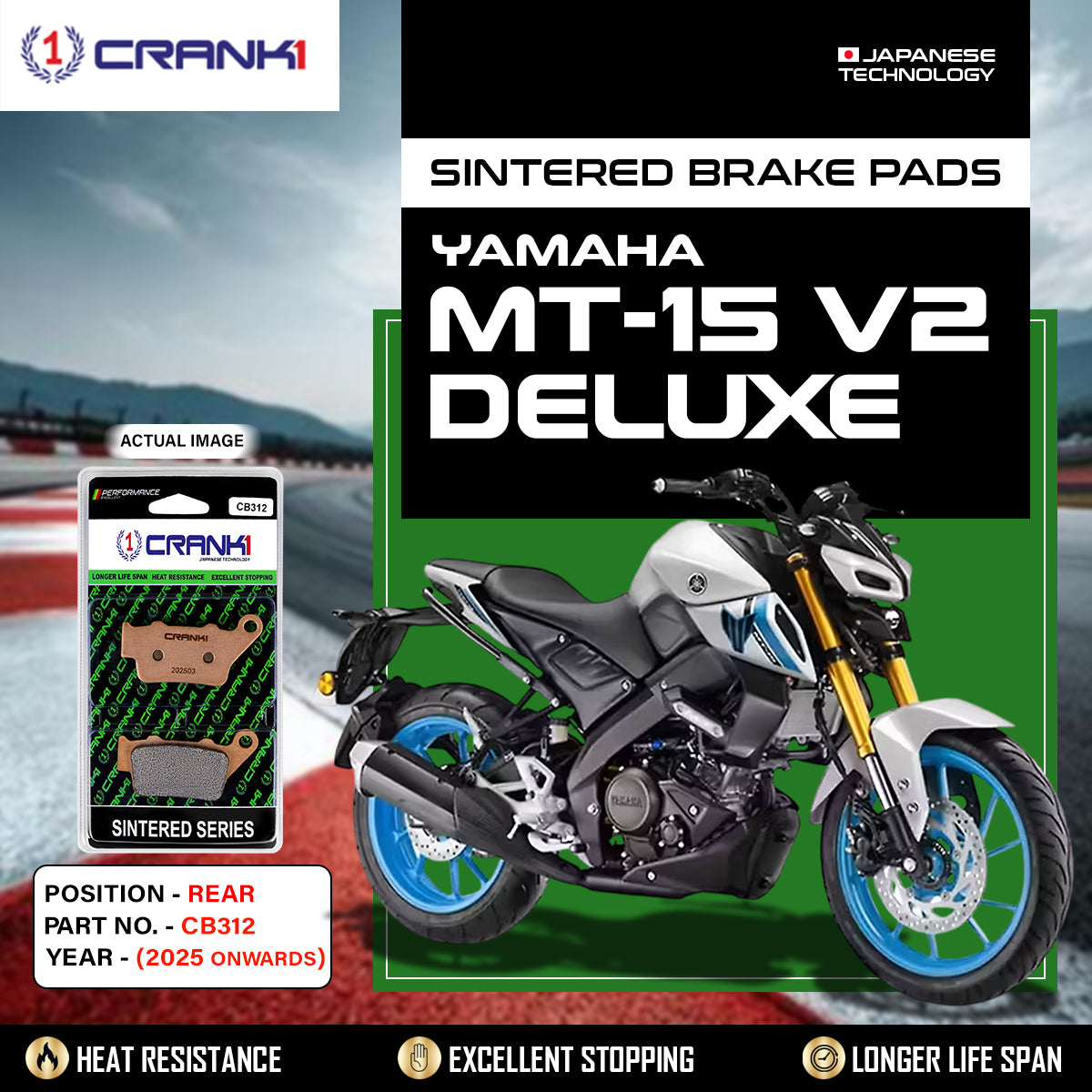 Sintered Brake Pads For Yamaha MT-15 V2 Deluxe	(2025 Onwards) - Rear - CB312 - 1 Set | High Performance | Superior Stopping Power | Heat Resistant | Long Life
