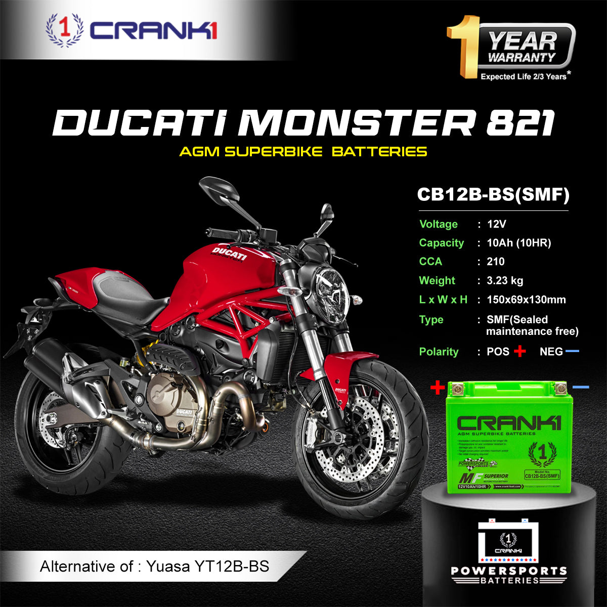 Battery For Ducati Monster 821 (2021-2025) - CB12B-BS - Factory Activated
