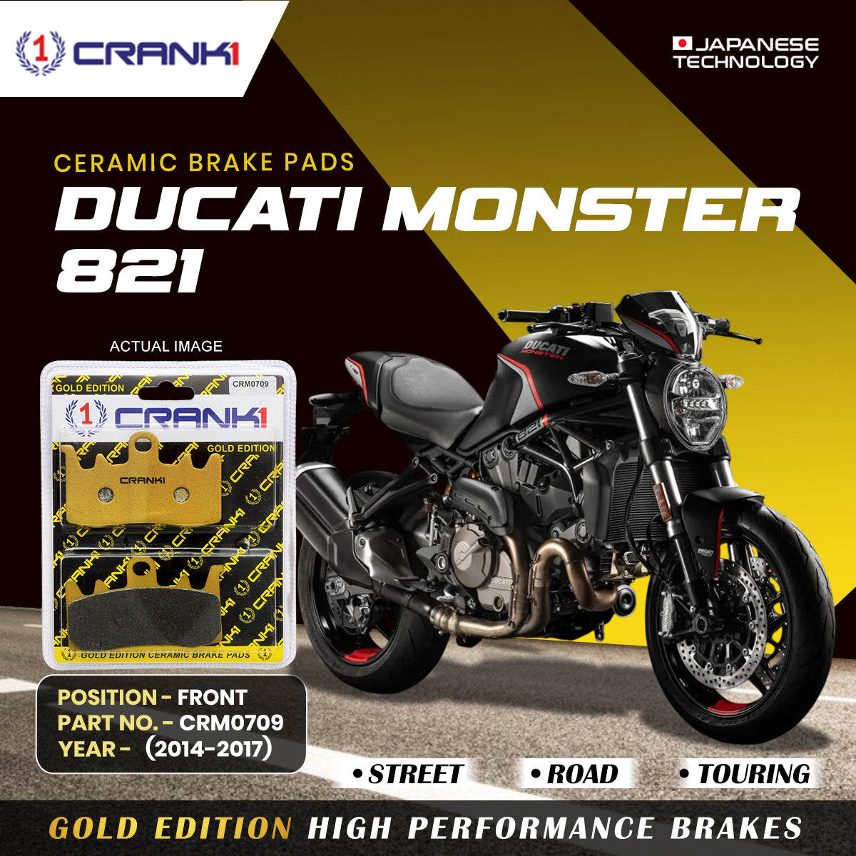Ceramic Brake Pads For  Ducati Monster 821 (2014-2017) - Front - CRM0709 - 2 Sets | Smooth Braking | Heat Resistant | Long Life | Disc Friendly