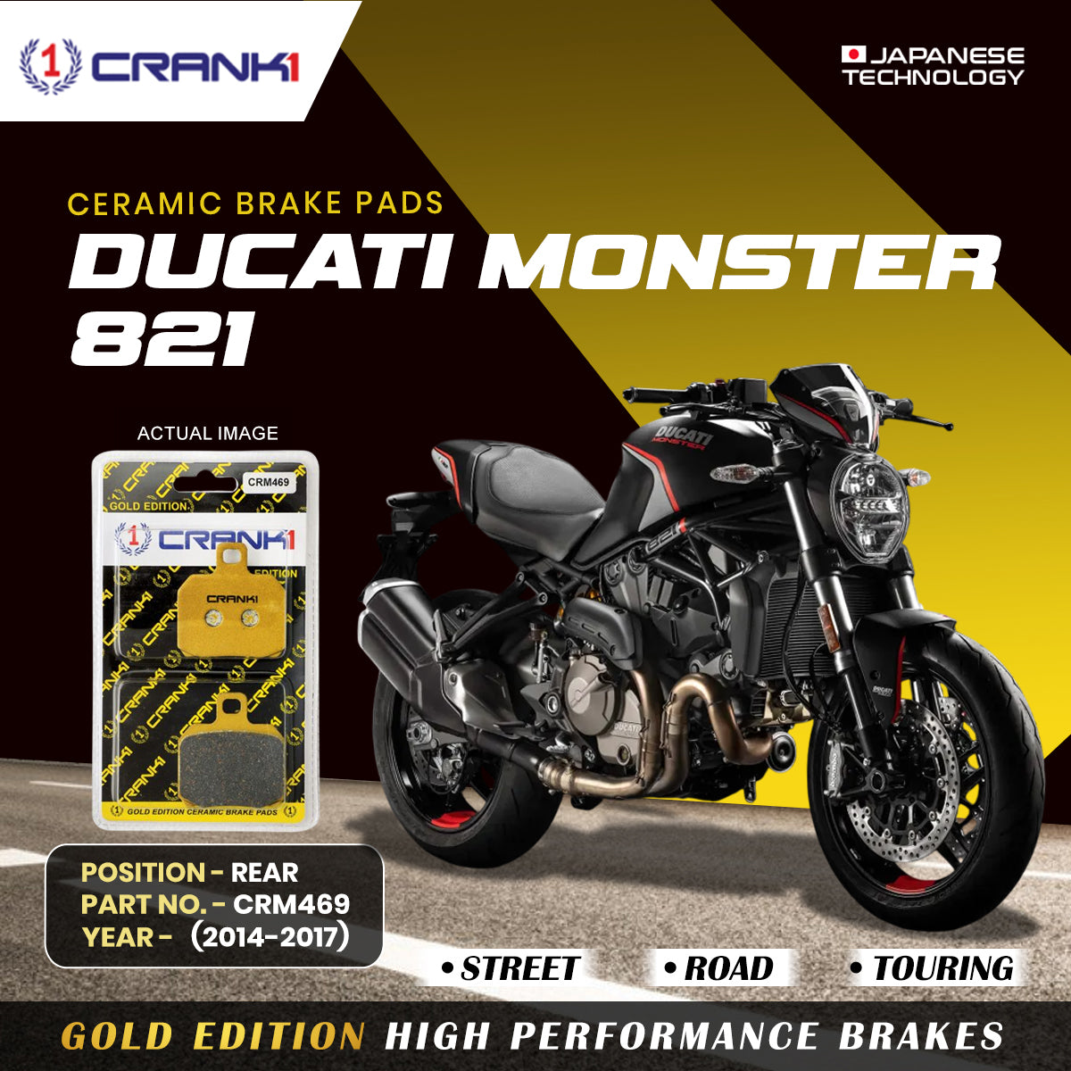 Ceramic Brake Pads For  Ducati Monster 821 (2014-2017) - Rear - CRM469 - 1 Set | Smooth Braking | Heat Resistant | Long Life | Disc Friendly