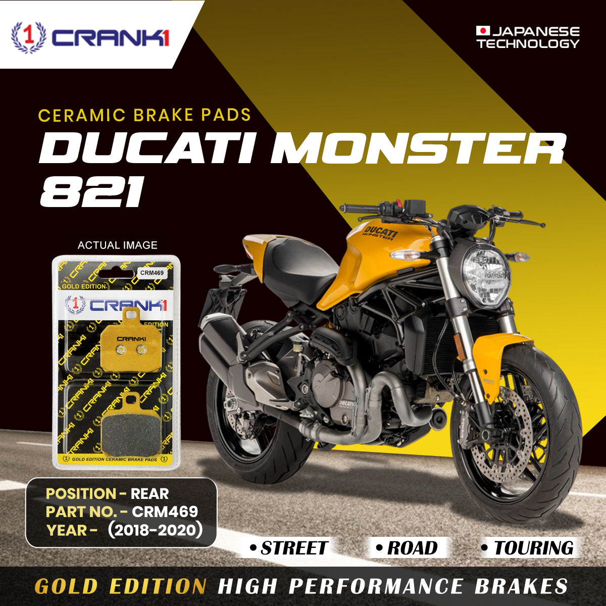 Ceramic Brake Pads For  Ducati Monster 821 (2018-2020) - Rear - CRM469 - 1 Set | Smooth Braking | Heat Resistant | Long Life | Disc Friendly