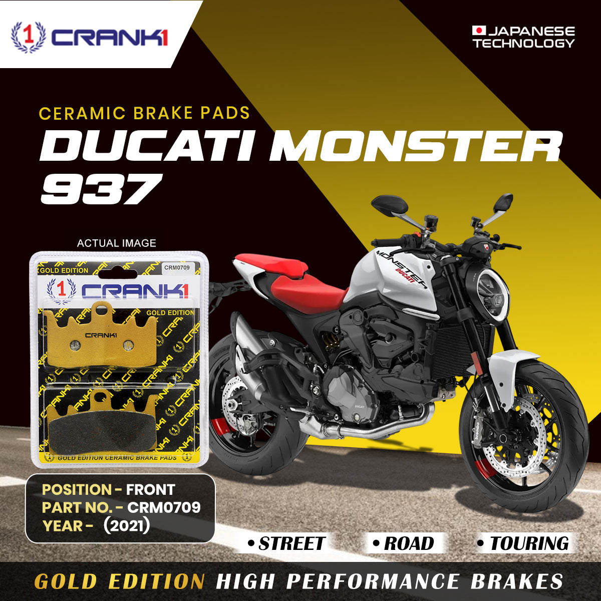 Ceramic Brake Pads For  Ducati Monster 937 (2021) - Front - CRM0709 - 2 Sets | Smooth Braking | Heat Resistant | Long Life | Disc Friendly