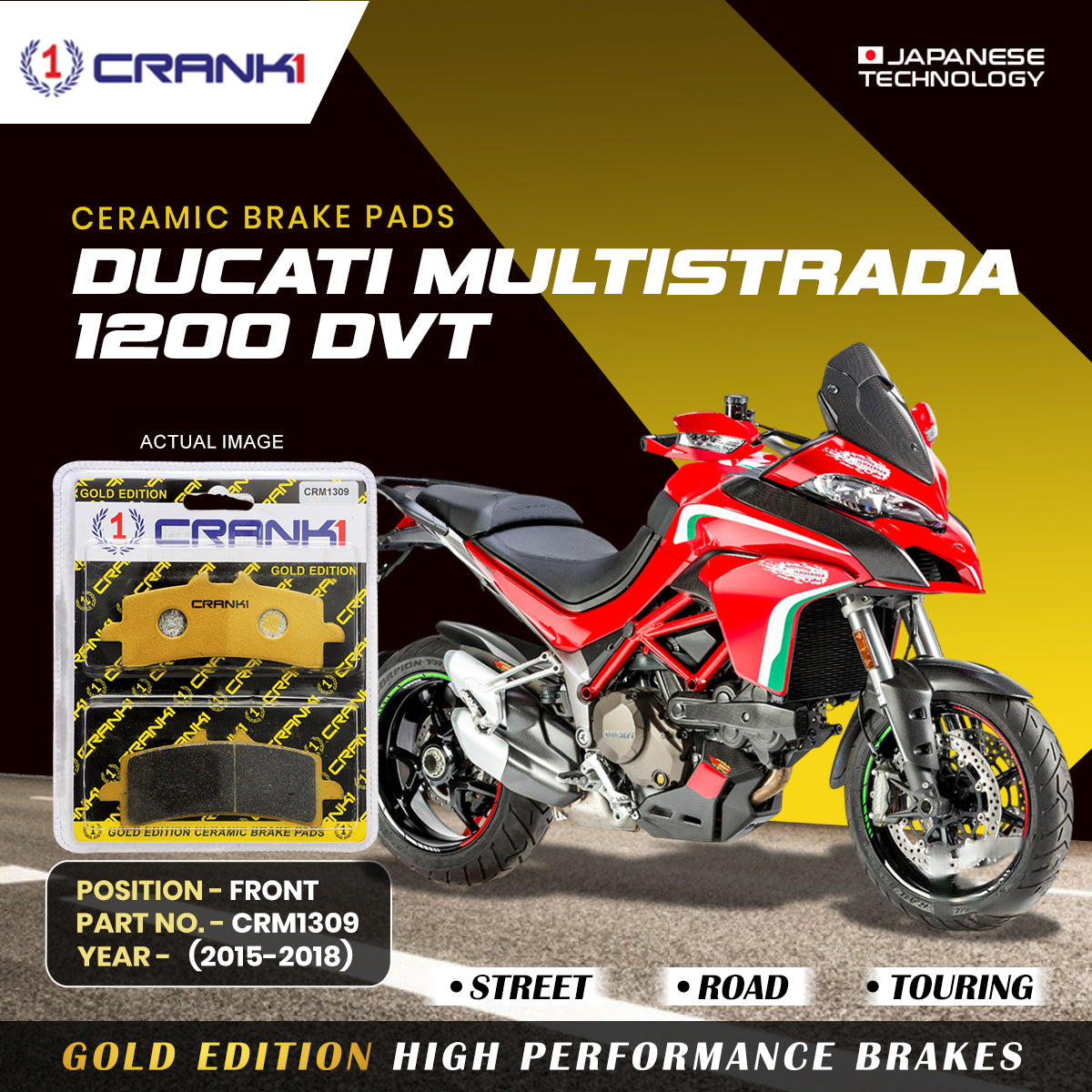 Ceramic Brake Pads For  Ducati Multistrada 1200  DVT  (2015-2018) - Front - CRM1309 - 2 Sets | Smooth Braking | Heat Resistant | Long Life | Disc Friendly