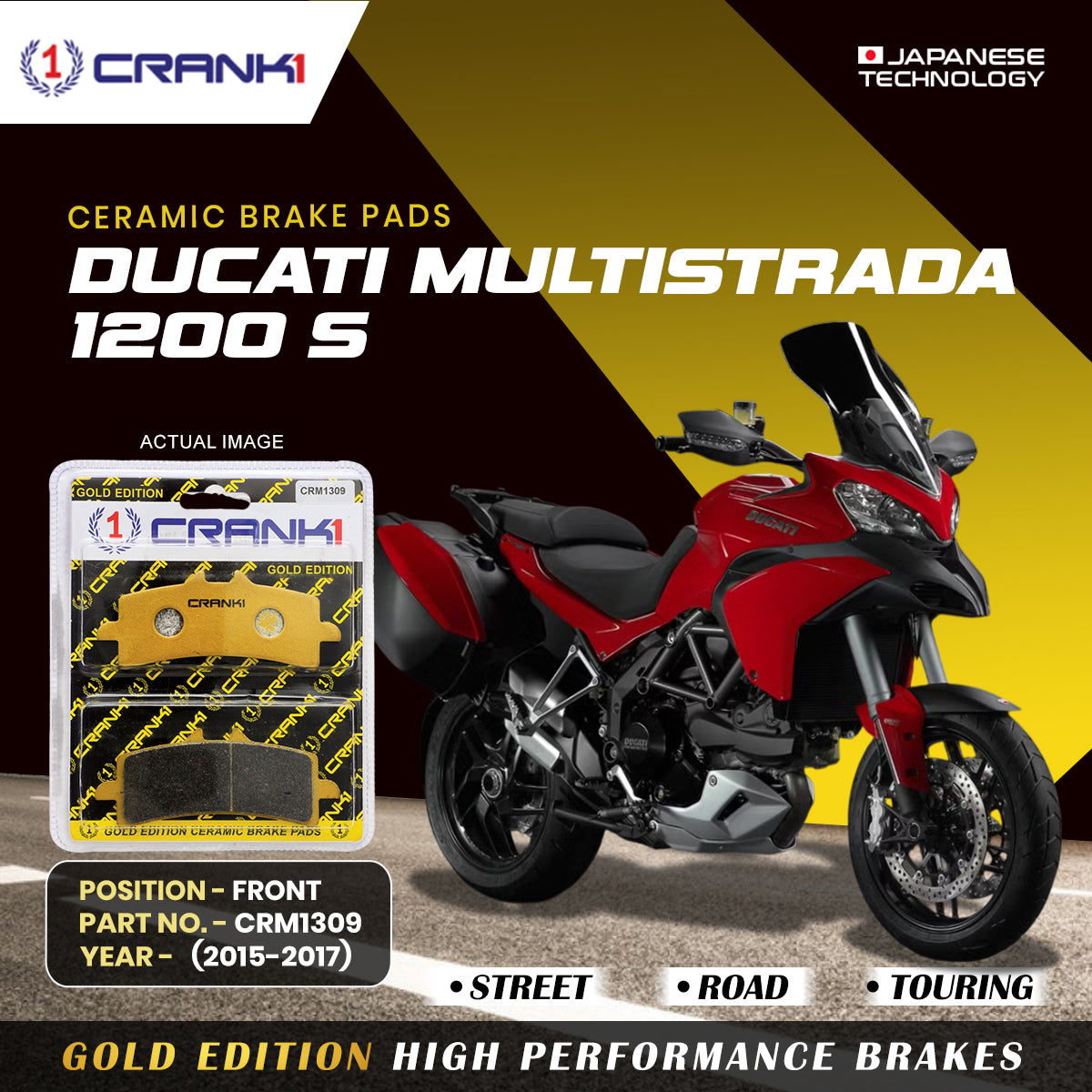 Ceramic Brake Pads For  Ducati Multistrada 1200 S  (2015-2017) - Front - CRM1309 - 2 Sets | Smooth Braking | Heat Resistant | Long Life | Disc Friendly