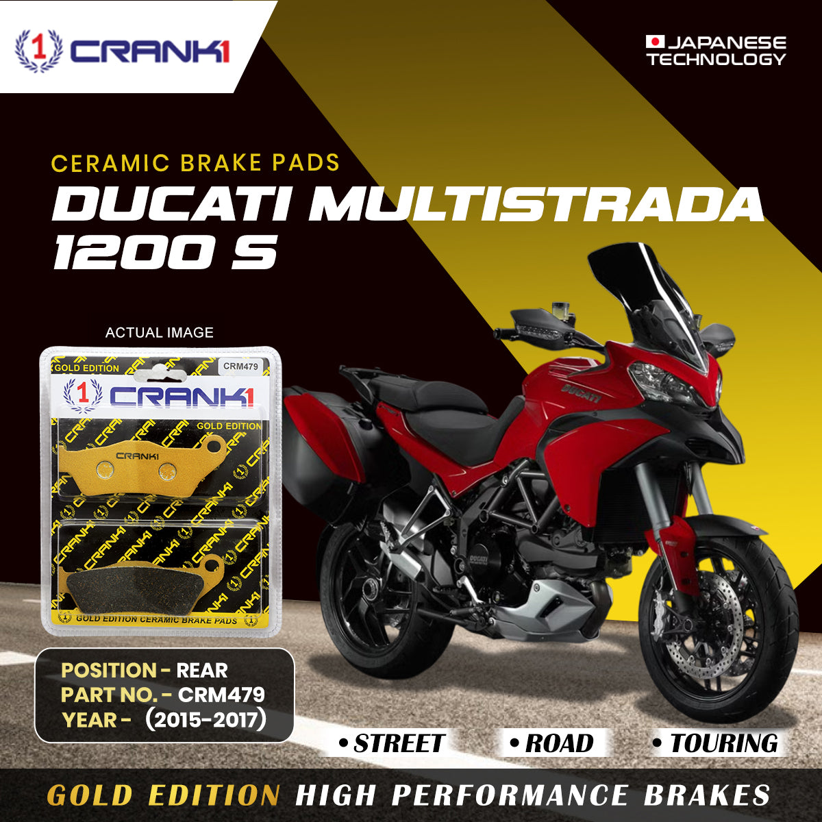 Ceramic Brake Pads For Ducati Multistrada 1200 S	 (2015-2017) - Rear - CRM479 - 1 Set | Smooth Braking | Heat Resistant | Long Life | Disc Friendly
