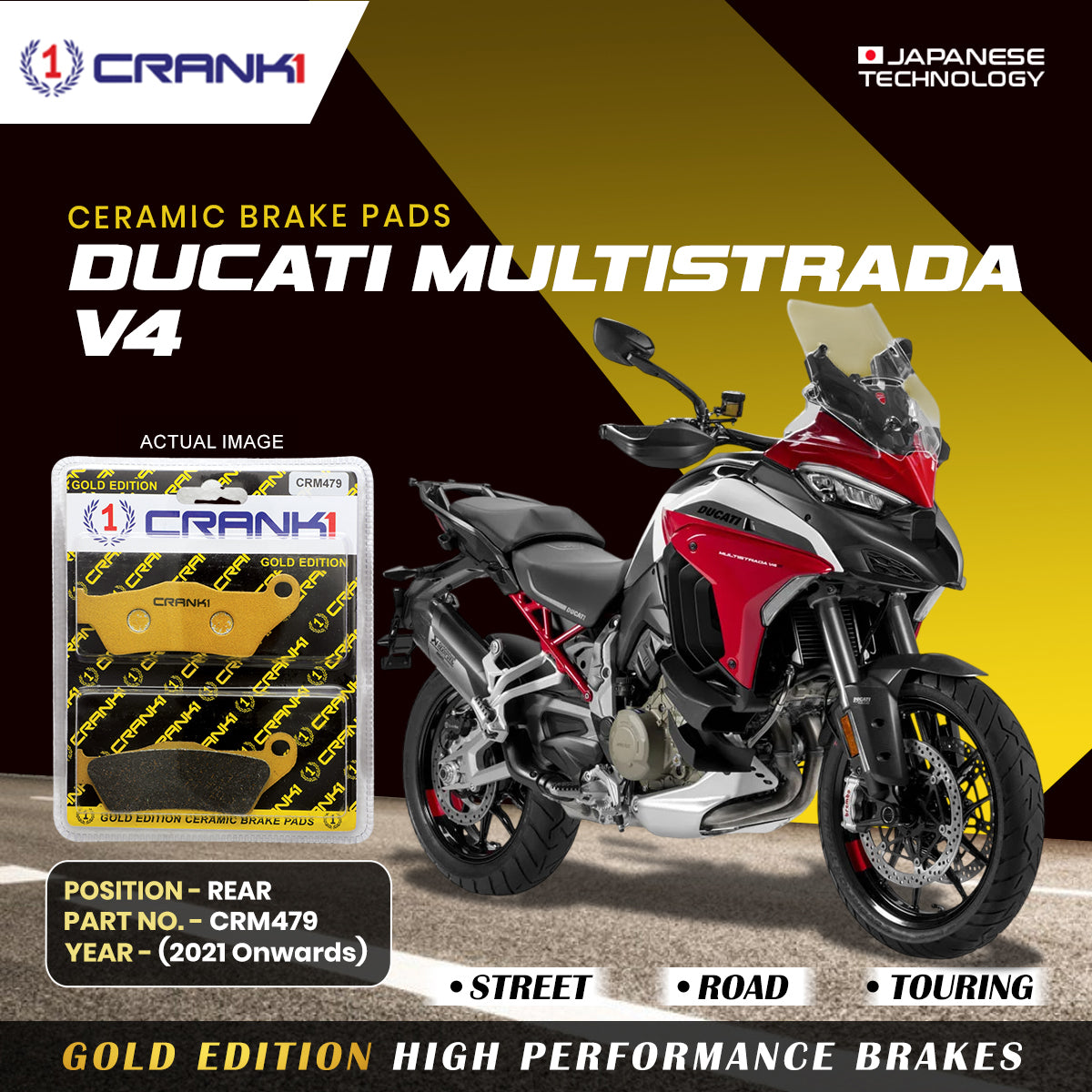 Ceramic Brake Pads For Ducati Multistrada V4 (2021 Onwards) - Rear - CRM479 - 1 Set | Smooth Braking | Heat Resistant | Long Life | Disc Friendly